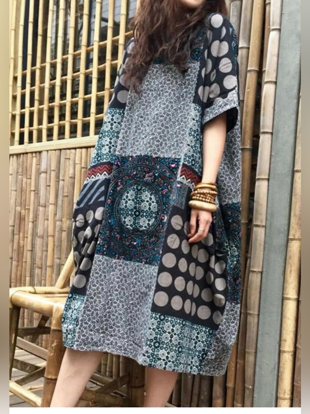 Zenana Small Dark Multi-Color Patchwork Print Art To Wear 100% Cotton Midi Dress